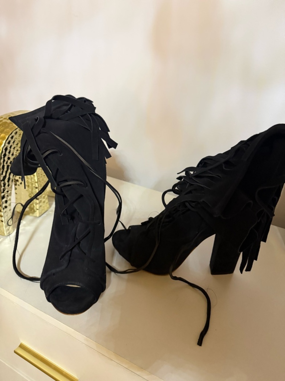 Giuseppe Zanotti Black Suede Lace-Up Fringe Peep-Toe Block Boots